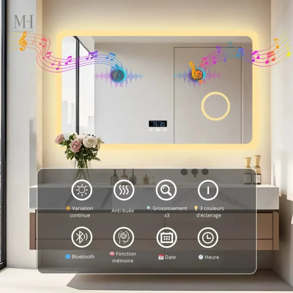 Miroir salle de bain lumineux avec fonction Bluetooth
