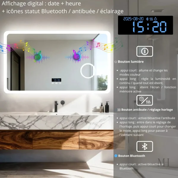 Miroir LED 120 cm avec audio Bluetooth intégré