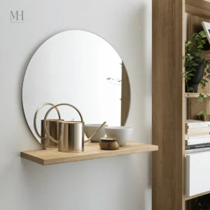Miroir mural rond avec étagère en bois, design fonctionnel