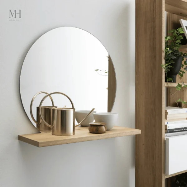 Miroir mural rond avec étagère en bois, design fonctionnel