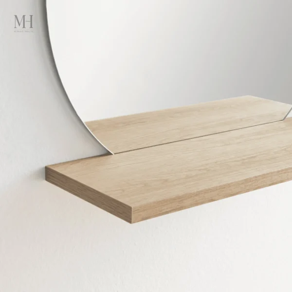 Miroir décoratif avec étagère, ambiance chaleureuse et accueillante