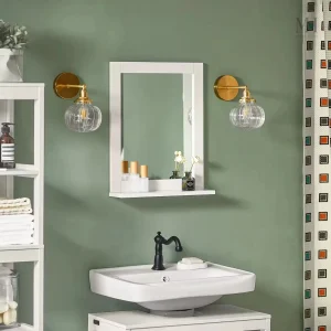 Miroir Mural Blanc avec Tablette en Bois