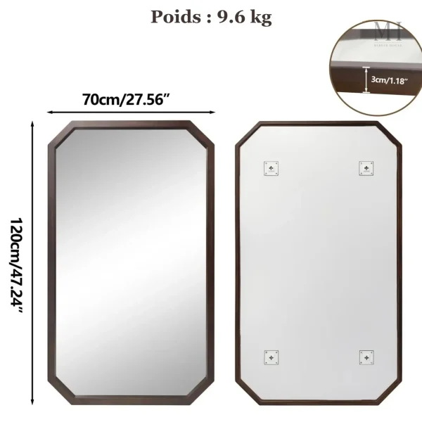 Grand miroir mural, finition en bois authentique