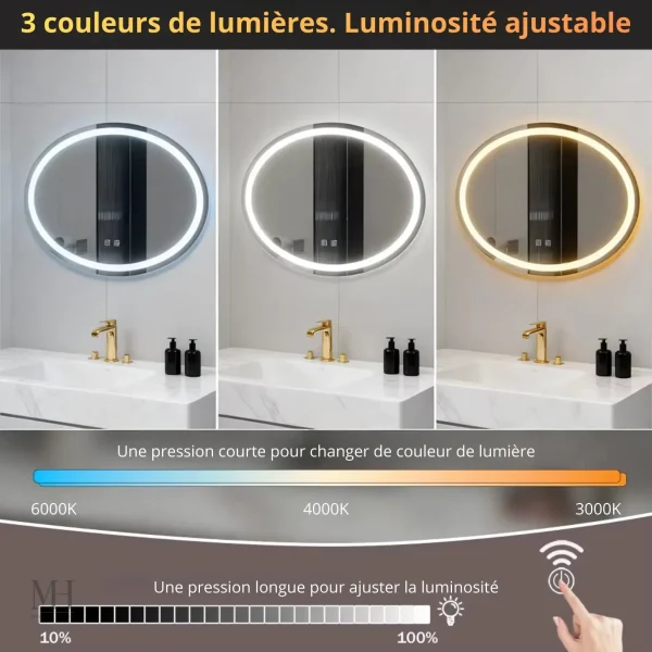Miroir de salle de bain oval, antibuée et éclairé