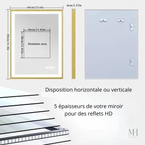 Miroir lumineux antibuée 80x60 cm au design doré