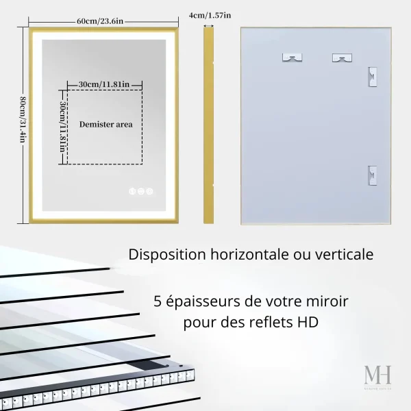 Miroir lumineux antibuée 80x60 cm au design doré