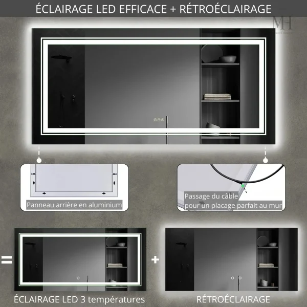 Miroir de salle de bain antibuée avec éclairage LED