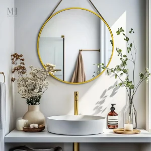 Miroir rond pour entrée avec sangle en cuir
