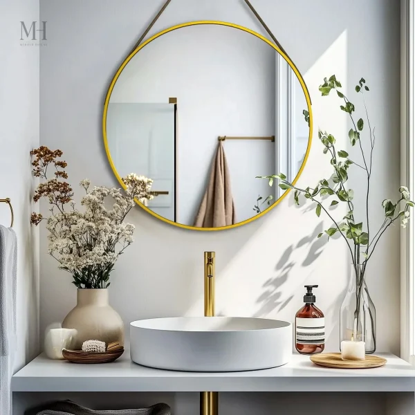 miroir-pour-une-entree-1 Miroir rond pour entrée avec sangle en cuir
