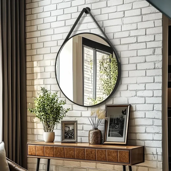 Miroir rond avec finition en cuir pour décoration