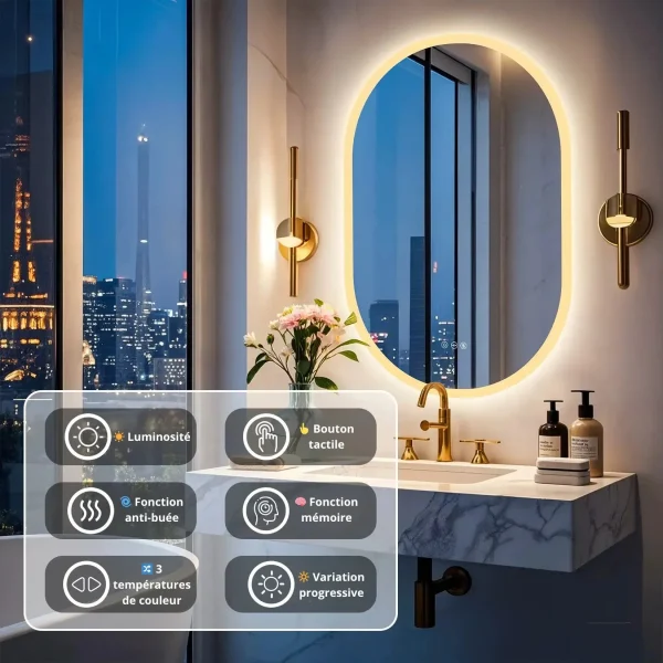 Miroir Anti-Buée Tactile pour Salle de Bain