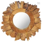 Miroir Rond Bois Flotté 40 cm Cadre Soleil en Teck
