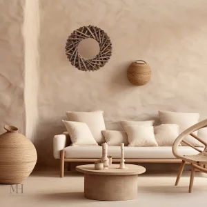 Miroir rond en bois flotté, 40 cm, design naturel