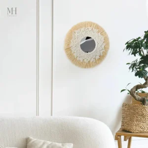Miroir Rond Raphia 35 cm avec Tissage Macramé