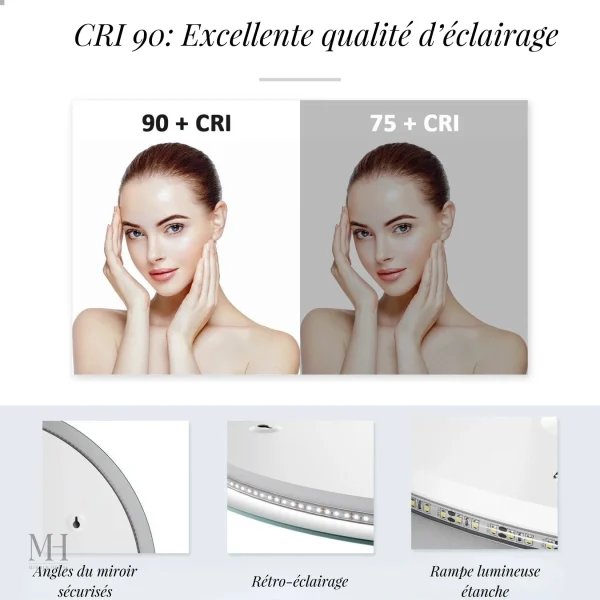 Miroir design rond avec éclairage doux et efficace