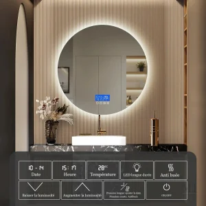 Miroir de salle de bain rond avec éclairage LED tactile