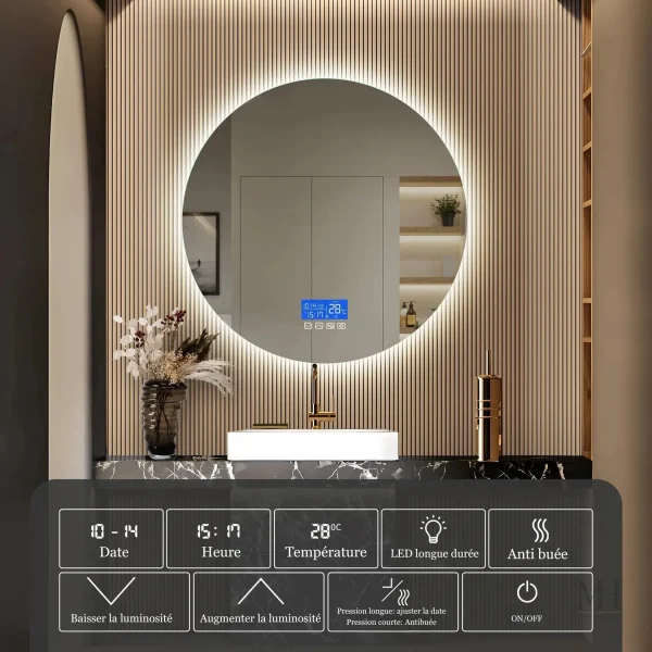 Miroir de salle de bain rond avec éclairage LED tactile