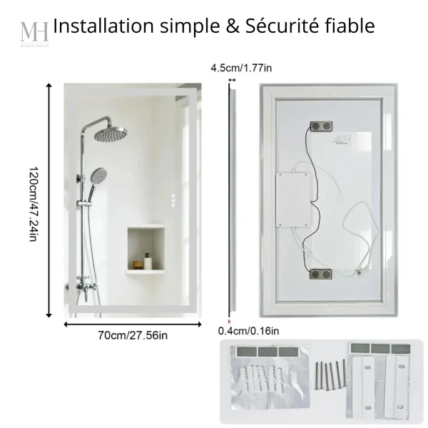 Miroir lumineux 120 x 70 cm pour une ambiance moderne