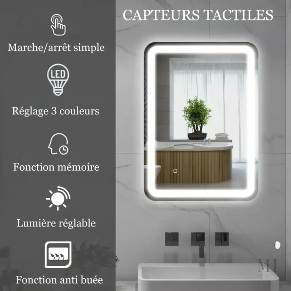 Miroir LED antibuée 50x70 pour salle de bain