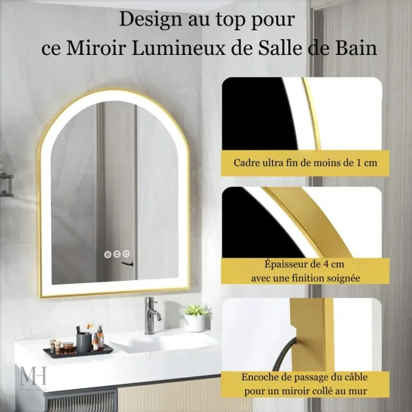 Miroir de salle de bain en or avec éclairage