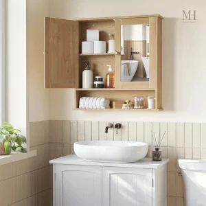 Miroir Salle de Bain avec Rangement Bois Naturel