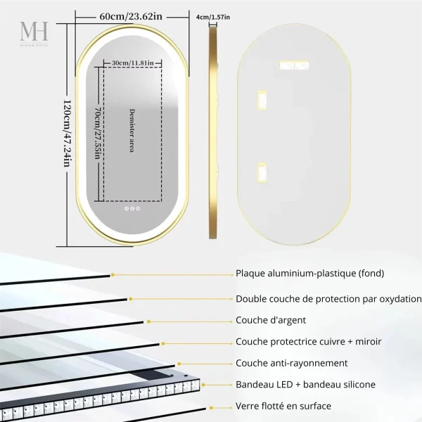 Miroir de salle de bain avec fonction anti-buée intégrée