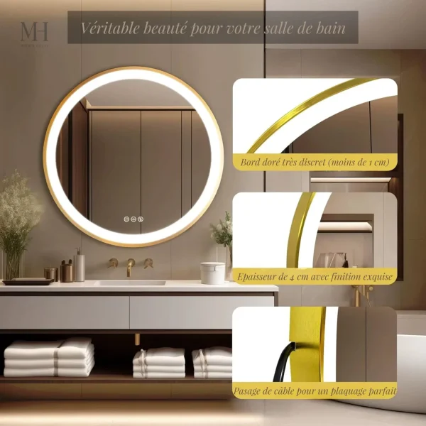 Miroir 80 cm avec éclairage LED et technologie anti-buée