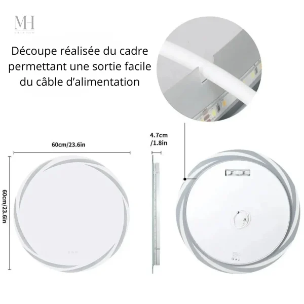 Miroir de salle de bain LED rond 60 cm avec fonction anti-buée