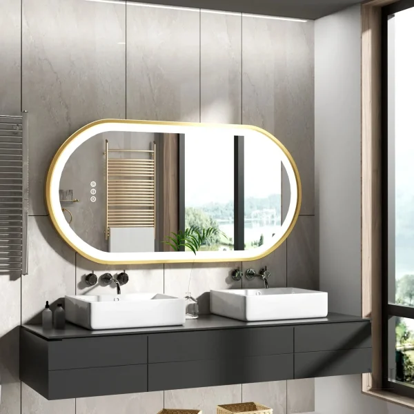 Miroir LED Élégant avec Cadre en Doré pour Salle de Bain