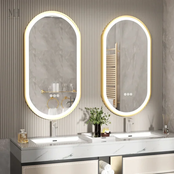 Miroir Ovale avec Cadre Doré et Éclairage LED Antibuée