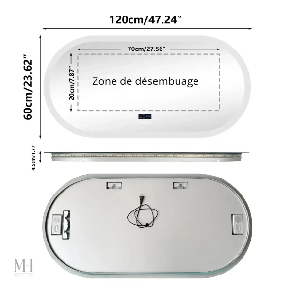 Miroir lumineux pour salle de bain, dimensions 120x60 cm