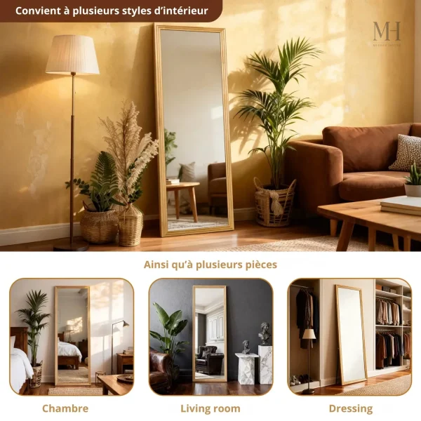 Miroir sur pied élégant en pin 160 cm