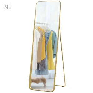 Miroir sur pied doré, finition moderne et chic