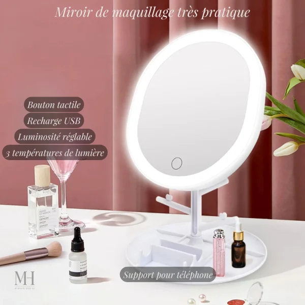 Miroir de maquillage sur pied avec éclairage ajustable