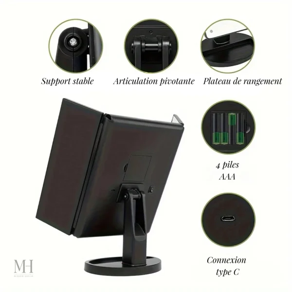Miroir maquillage à trois panneaux avec éclairage LED