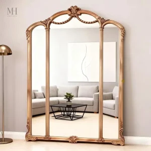 Grand miroir mural doré avec design en triple arche