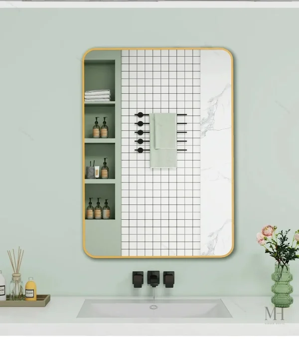 Miroir simple en aluminium doré pour salle de bain élégante